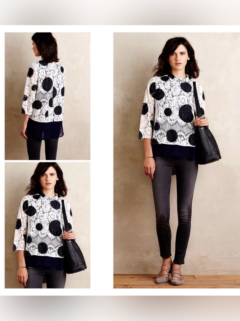 Anthropologie - HD in Paris Romantic Lace Polka Dot Blouse in Navy/Ivory size 8 - Picture 2 of 16